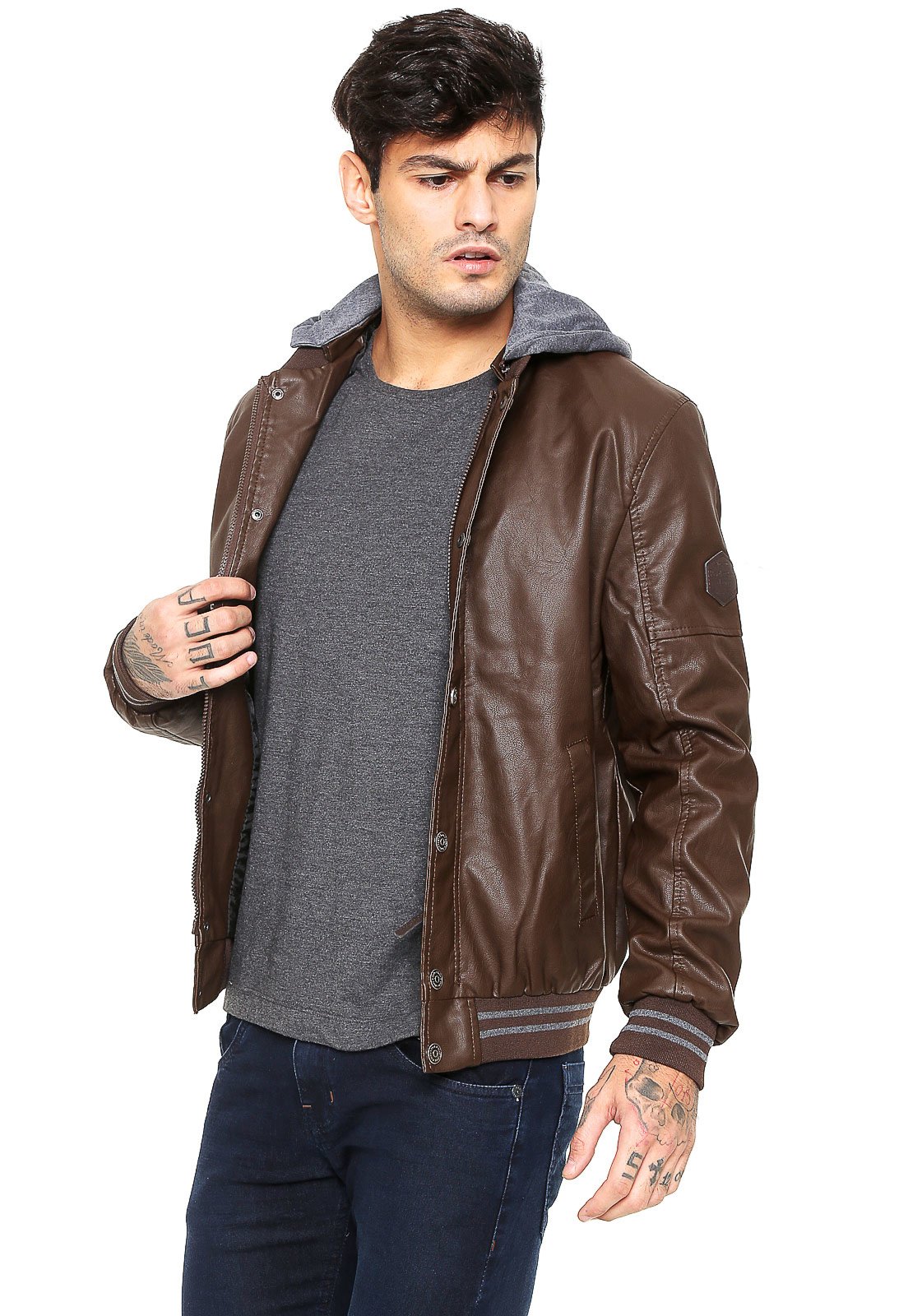 jaqueta de couro marrom masculina com capuz
